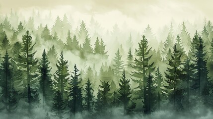 Illustrate the depth and texture of a pine forest with layers of overlapping treesWater color,  hand drawing