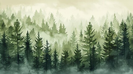 Fototapeta premium Illustrate the depth and texture of a pine forest with layers of overlapping treesWater color, hand drawing