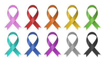 Awareness Ribbon Set Breast Cancer  Alzheimer HIV AIDS Mental Suicide Isolated on Transparent Background
