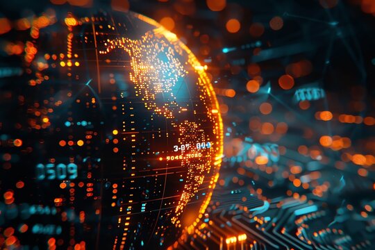 Digital currency sphere, macro view, neon metaverse markets, sharp detail, abstract crypto globe