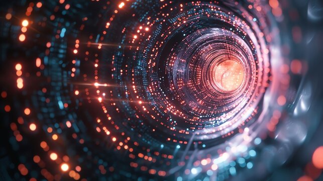 Futuristic AI, macro view, in a digital vortex, neonlit, blending human and technology, scifi era