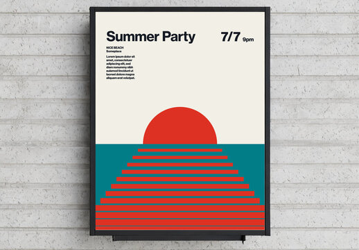 Summer Party Poster Template with Ocean Sunset Reflection