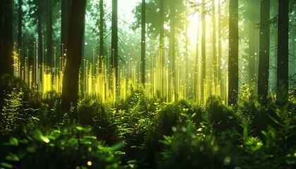 Obraz premium 3Drendered forest with carbon absorption stats, budget countdown integrated, naturalistic yet tech-enhanced