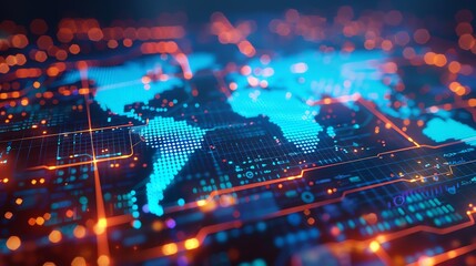 Tech map of the world, closeup, pulsating information paths, vibrant, worldwide business symbol