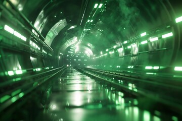 The image shows a long, futuristic corridor with green lights on the walls and floor.