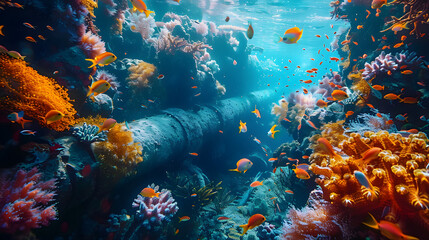 Showcase the underwater environment where submarine cables are installed, with colorful coral reefs and diverse marine life coexisting alongside the AI