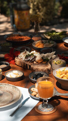 Breakfast, Turkish breakfast, breakfast from above on the table with a wide variety of ingredients. breakfast spread