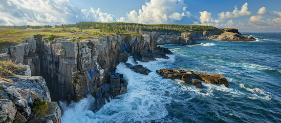 A breathtaking view of a rugged coastline, with cliffs plunging into the sea and waves crashing...
