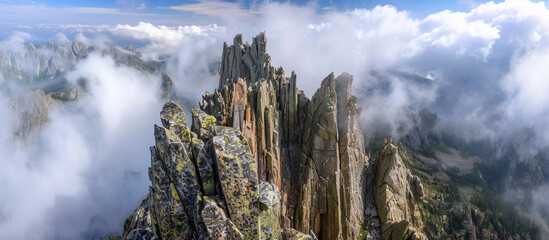 A breathtaking view of a rugged mountain peak, with jagged cliffs and sheer rock faces towering...