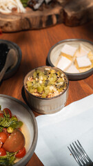 Breakfast, Turkish breakfast, breakfast from above on the table with a wide variety of ingredients. breakfast spread