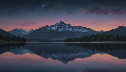 Pastel painting: A serene, mountain landscape at dusk, featuring a reflective lake, towering peaks,...
