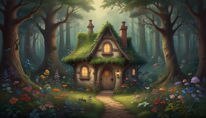 Fototapeta na wymiar Pastel painting: A whimsical, storybook-inspired forest scene, featuring fanciful creatures, magical flora, and a secret, ivy-covered cottage, all painted in the rich, enchanting colors and soft,