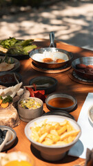 Breakfast, Turkish breakfast, breakfast from above on the table with a wide variety of ingredients. breakfast spread