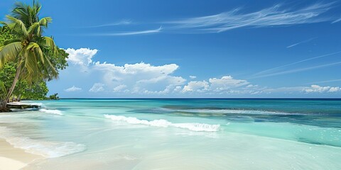 White sand with palm trees and emerald sea. A heavenly place to relax. Luxurious tropical landscape. Beautiful exotic summer beach background for design.