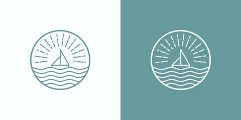 Vector logo design of sailing ship emblem, wavy water and sun rays in circle lines in modern, simple, clean and abstract style.