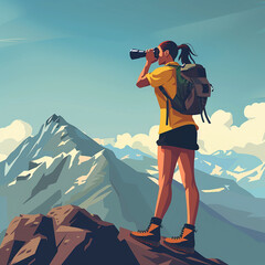 Young woman hiker with backpack and binoculars on mountain peak. Flat illustration