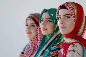 Arab women in traditional dress standing on white background