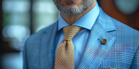 Mid section of senior businessman wearing blue suit and yellow tie in office
