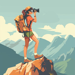 Hiking woman with backpack and binoculars on mountain peak. Flat illustration