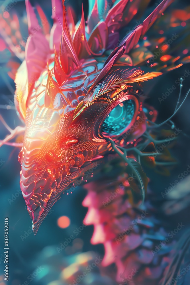 Poster capture a close-up of mystical creatures rendered in a minimalist style, using vibrant digital color