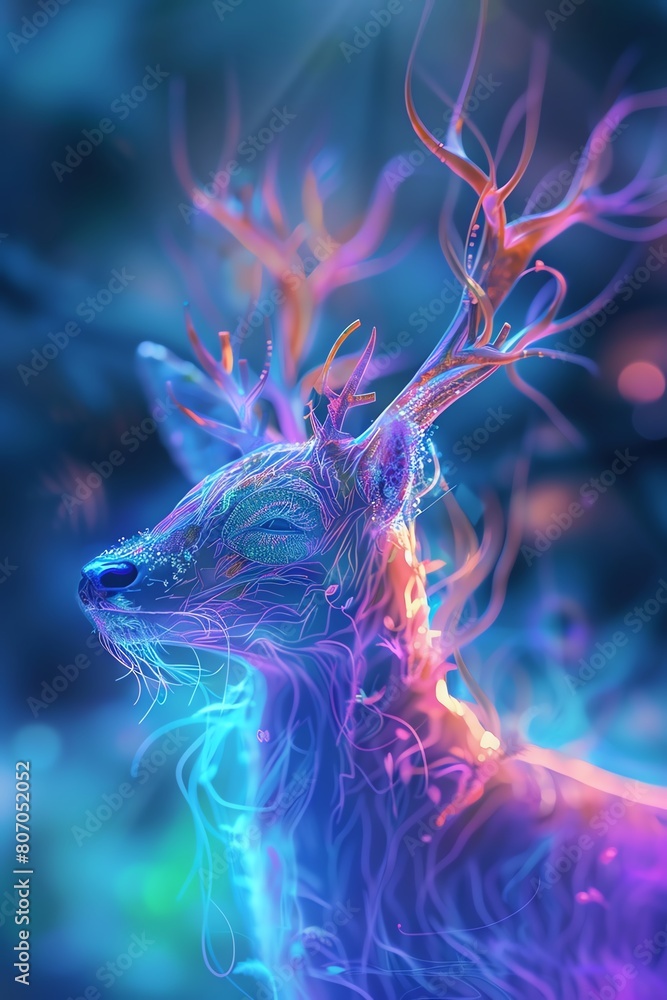 Poster capture a close-up of mystical creatures rendered in a minimalist style, using vibrant digital color