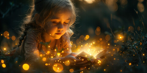 Young girl immersed in reading a book by the light of glowing fireflies in the dark evening forest