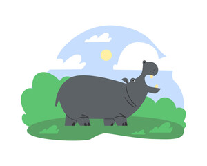 Cute hippo with open mouth standing on lawn flat style