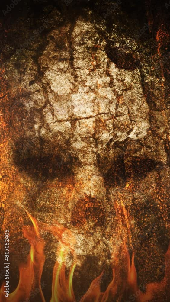 Wall mural vertical ancient skull wall in hell 4k loop features an old wall with a skull face carved into the r