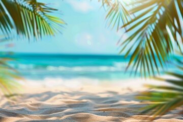 Holiday summer concept. Beach with sand and palm leaves in blur. 