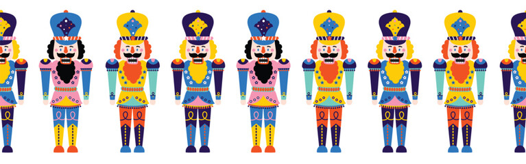 Nutcracker. Cute Christmas gorizontal border. Christmas colorful motifs.