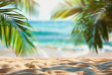 Holiday summer concept. Beach with sand and palm leaves in blur.