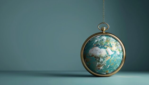 3D rendered minimalist stopwatch for climate action, hanging over a tech-enhanced earth globe
