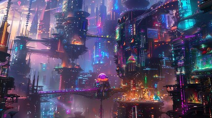 Craft a digital masterpiece depicting a surreal, side-view cityscape presenting neon-lit skyscrapers intertwined with biomechanical flora, and futuristic robotic fauna gleaming in iridescent tones