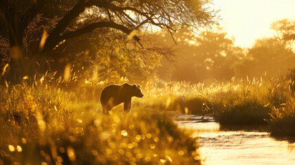Naklejka premium A bear stands on the bank of a river in a meadow under golden sunlight