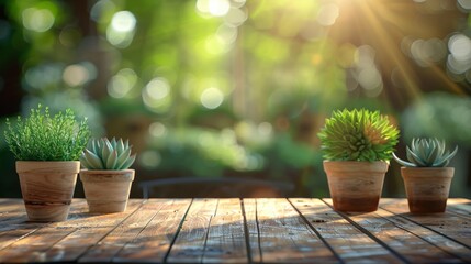 wooden table top with pot plants blurred background for products
