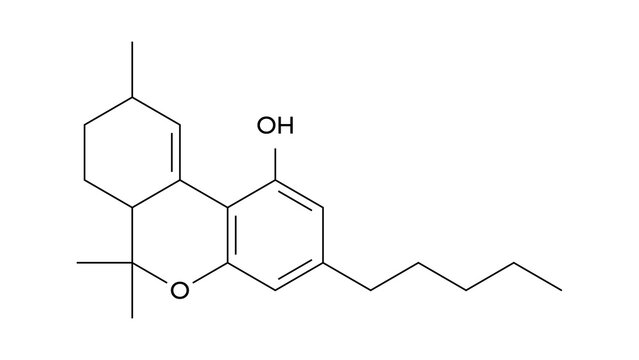 delta-10-tetrahydrocannabinol molecule, structural chemical formula, ball-and-stick model, isolated image cannabinoids