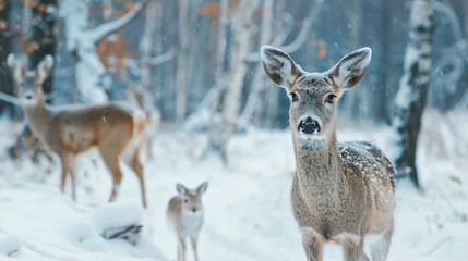 Fototapeta premium White-tailed deer, doe and fawn in winter forest. AI.