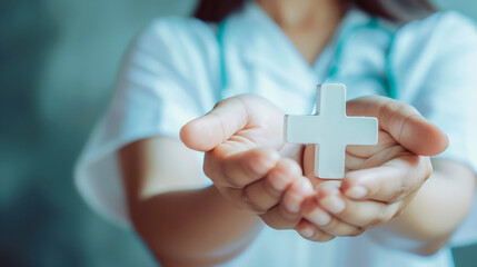 Female doctor holding a cross in her hands. Healthcare and medical concept. AI.