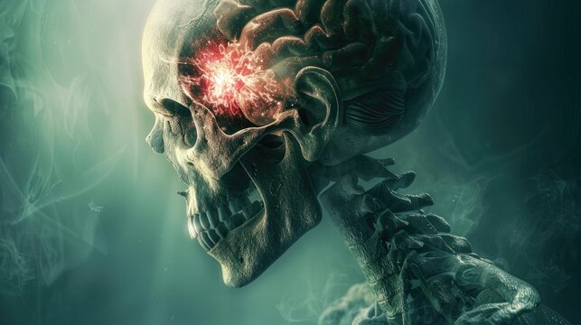 Artistic representation of a human skull with a glowing, exploding brain, surrounded by mystical green smoke.