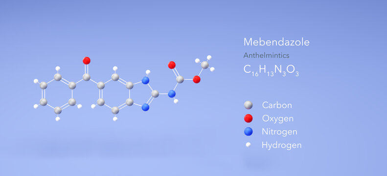 mebendazole molecule, molecular structures, antihelminthic agent, 3d model, Structural Chemical Formula and Atoms with Color Coding