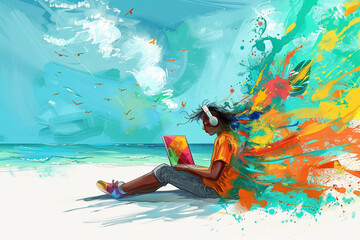 person relaxing with book and headset, color splashes coming out of him abstract art background HD wallpapers sketch