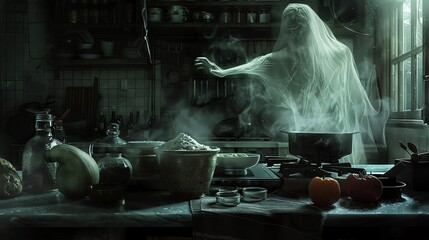 Illustrate a haunting depiction of a ghostly hand mixing ingredients in a dimly lit kitchen, captured from a low angle Infuse the essence of culinary expertise with a touch of horror, perfect for a st