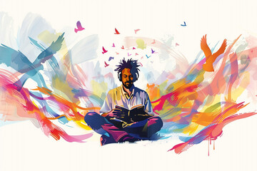 man reading book and birds colorful in background abstract art background HD wallpapers sketch