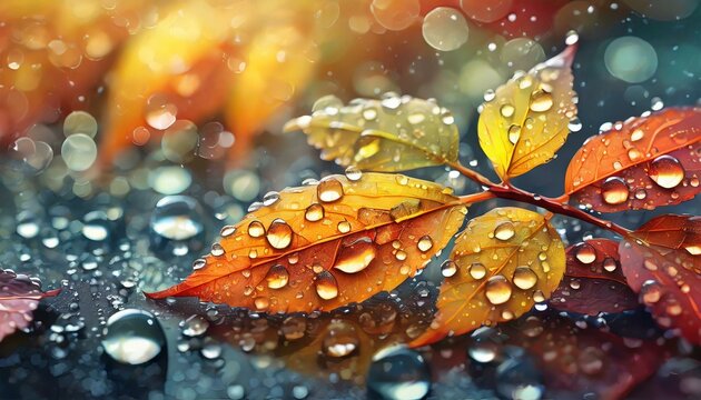 紅葉の葉っぱに付く、宝石のような水滴