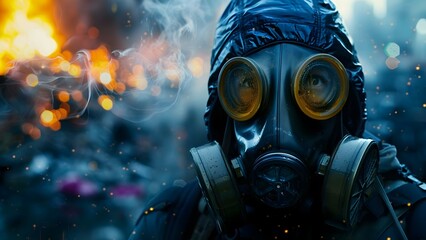 A person wearing a gas mask in a polluted environment due to disaster. Concept Environmental Disaster, Crisis Response, Gas Mask, Pollution, Survival