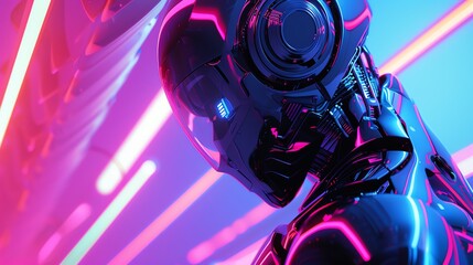 Render a sleek robot with streamlined contours and glowing, pulsating LED lights, contrasting against a chromatic, abstract geometric backdrop Use a mix of glossy textures to enhance the realism, crea