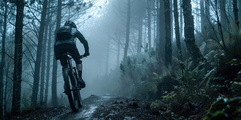 Misty Forest Ride Adventurous Mountain Biker Exploring Wooded Trails on a Foggy Day in Nature