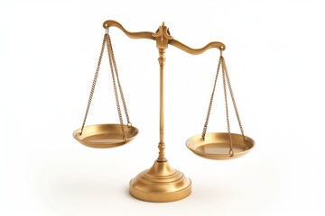 A symmetrical image of classic golden scales in balance, isolated on a white backdrop, symbolizing justice and equilibrium
