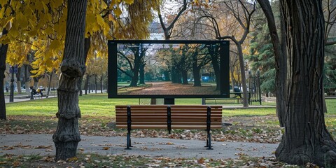A bench in a park positioned in front of a large screen, possibly for advertising.
