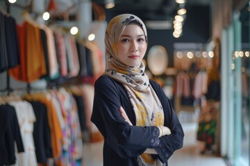 Obraz premium Muslim female business owner in fashion boutique.